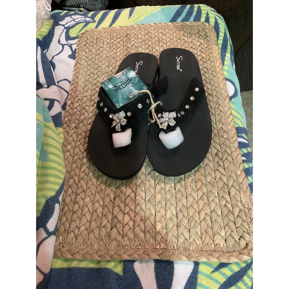 womens Black flip flops With Rhinestone Flower size 10 new